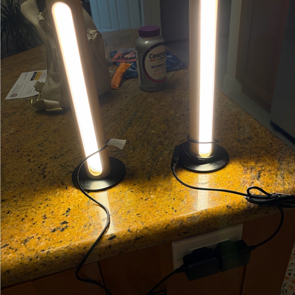 Pair of Modern LED Tube Lamps in Warm White on Black Bases